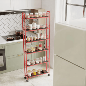 6-Tier Rolling Cart Gap Kitchen Slim Slide Out Storage Tower Rack With Wheels,Baskets,6 For Kitchen,Bathroom Laundry Narrow Piaces Utility Cart,R (Color: Red)